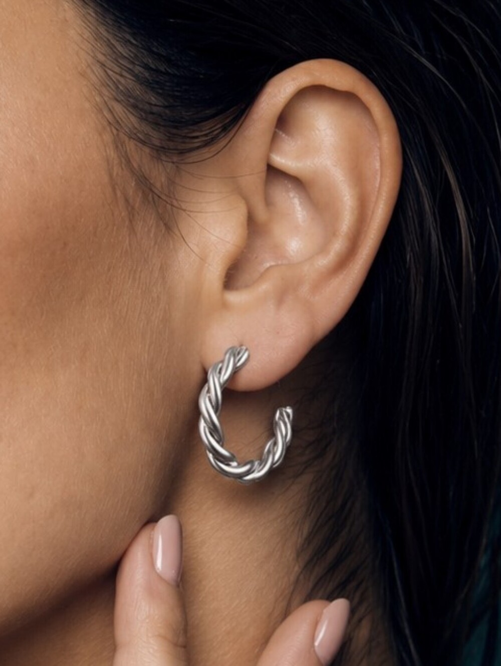 Silver Twisted Rope Hoop Earrings 18k White Gold Plated Minimalist Braided 1"